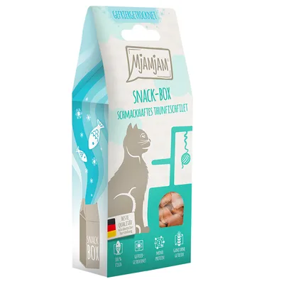 Mjamjam Snack-Box med velsmagende tunfiskefilet, frysetørret. Bedste kvalitet fra tysk produktion, 100% fisk, monoprotein, uden korn.