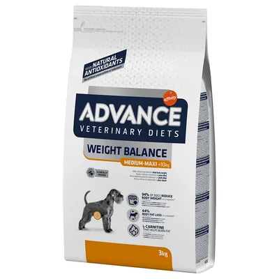 ADVANCE Veterinary Diets Weight Balance Medium-Maxi +10kg, 3 kg. Tekstit: With natural antioxidants, clinically proven, 94% of dogs reduce body weight, 44% body fat loss, L-carnitine.