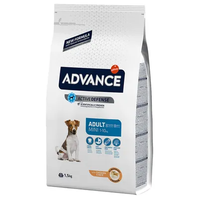 Advance Adult Mini koiranruoka, 1–10 kg, Active Defense, tieteellisesti todistettu. Pääainesosat: kana ja riisi. Pakkauskoko: 1,5 kg.