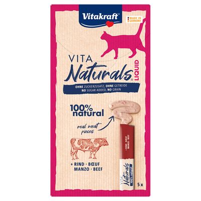 Vitakraft Vita Naturals Liquid with beef, no added sugar, grain-free, 100% natural, Made in Germany. Pack of 5 portions.