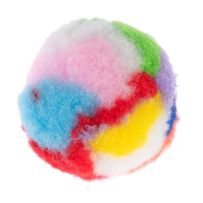 Färgglad boll av mjukt, fluffigt material i blå, röd, gul, grön, lila och vit.