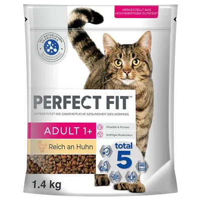 Perfect Fit Adult 1+ hrană pentru pisici, bogată în pui, 1,4 kg. Susține vitalitatea și condiția fizică, musculatură puternică. Cu probiotice naturale. Total 5 Concept.