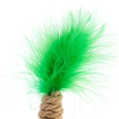 Jouet pour chat avec plume verte et manche en corde naturelle, matériaux visibles : plume et corde.