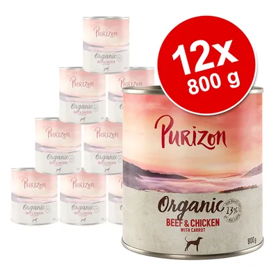 Purizon Organic Beef & Chicken with Carrot, 12 x 800 g conserve pentru câini. Text vizibil: 13% beef & chicken, 800 g, imagine cu mai multe conserve și etichetă roșie 12x 800 g.