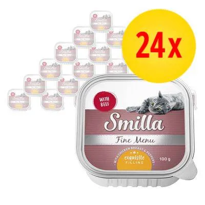Lot de 24 barquettes Smilla Fine Menu pour chat, 100 g, texte visible : With Beef, exquisite filling, image d’un chat sur l’emballage.