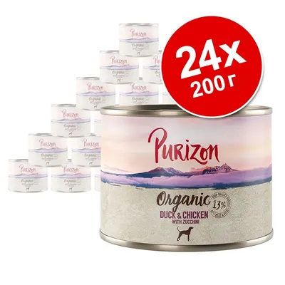 Purizon Organic Duck & Chicken with Zucchini, 24×200 г консерви за кучета. Надпис: 13% high quality protein. Видими кутии с етикет Purizon.