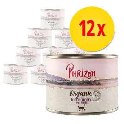 Lot de 12 boîtes Purizon Organic Duck & Chicken with Zucchini, texte visible : 13 %, image de chien sur l’étiquette. Emballage métallique. Lot de 12 boîtes Purizon Organic Duck & Chicken with Zucchini, texte visible : 13 %, image de chien sur l’étiquette. Emballage métallique.