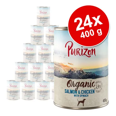 Lot de 24 boîtes Purizon Organic Salmon & Chicken with Spinach, 400 g chacune. Texte visible : 13 % high-quality meat, image de montagne sur l’étiquette. Lot de 24 boîtes Purizon Organic Salmon & Chicken with Spinach, 400 g chacune. Texte visible : 13 % high-quality meat, image de montagne sur l’étiquette.