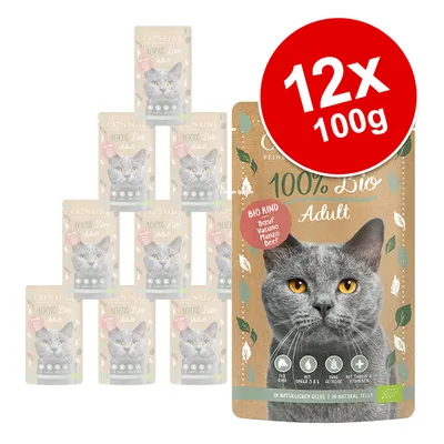 CAT'S LOVE 100% Bio Adult, BIO RIND, 12×100g. Na obalu šedá kočka, piktogramy složení a nápisy včetně 'In natürlichem Gelee'.