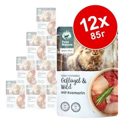 Pure Nature Senior (10+) Geflügel & Wild mit Rosmarin, 12 x 85 г паучове с изображение на котка и месо. Голям червен кръг с надпис: 12x 85г.