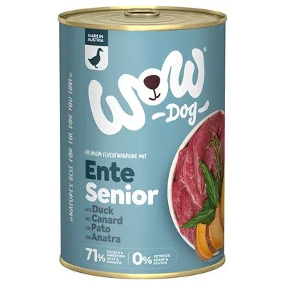 WOW Dog Ente Senior natvoer, 71% vlees & ingrediënten, 0% graan & gluten, met eend. Tekst in meerdere talen: Duck, Canard, Pato, Anatra. Made in Austria. WOW Dog Ente Senior natvoer, 71% vlees & ingrediënten, 0% graan & gluten, met eend. Tekst in meerdere talen: Duck, Canard, Pato, Anatra. Made in Austria.