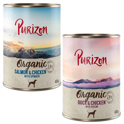 Sparpaket Purizon Organic 24 x 400 g - Mixpaket: 12 x Ente mit Huhn, 12 x Lachs mit Huhn Sparpaket Purizon Organic 24 x 400 g - Mixpaket: 12 x Ente mit Huhn, 12 x Lachs mit Huhn