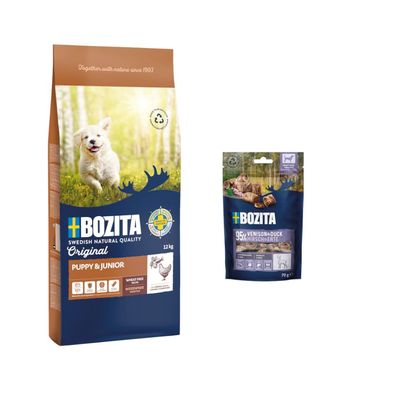 12 kg Bozita Original, karma sucha dla psa + Bozita Meaty Bites, jeleń i kaczka, 2 x 70 g gratis! Puppy & Junior, kurczak - bez pszenicy