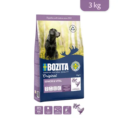 BOZITA Original Senior & Vital 3 kg, 22 % protein, 8 % tuk, vitamin C a E, přizpůsobená kalorická hodnota, podpora kloubů, bez pšenice, kuřecí. Vyrobeno ve Švédsku.
