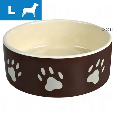 Ceramiczna miska w rozmiarze L, brązowa z białymi śladami łap na zewnątrz. W lewym górnym rogu niebieska ikona psa i litera L. Ceramiczna miska w rozmiarze L, brązowa z białymi śladami łap na zewnątrz. W lewym górnym rogu niebieska ikona psa i litera L.