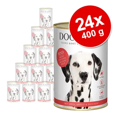 DOG'S LOVE våtfoder för hund, 24 x 400 g burkar. Smak: nötkött med äpple, spenat och zucchini. Text på burk: 95 % nötkött, spannmålsfri, tillverkad i Österrike.