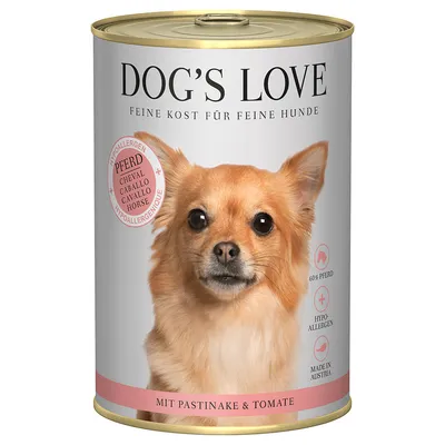Dog's Love våtfoder för hundar, hypoallergen, med häst (60 %), palsternacka och tomat. Tillverkat i Österrike.
