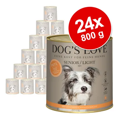 Set 24x800 g conserve DOG'S LOVE Senior/Light cu imagine de câine pe ambalaj, text vizibil: Pute (curcan), mit Zucchini & Johanniskraut. Ambalaj gri cu detalii portocalii.