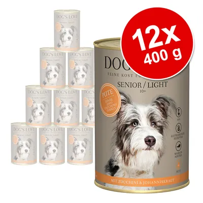 DOG'S LOVE Senior/Light 10+ Pute mit Zucchini & Johanniskraut, getreidefreie Rezeptur, Made in Austria, 12x400g Dosen abgebildet.