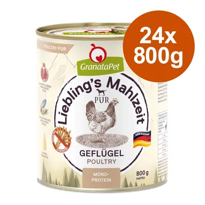GranataPet Liebling's Mahlzeit Pur hydina, jedno bielkovinové, 24x800g, vyrobené v Nemecku, bez obilnín, s granátovým jablkom a zelenou mušľou. GranataPet Liebling's Mahlzeit Pur hydina, jedno bielkovinové, 24x800g, vyrobené v Nemecku, bez obilnín, s granátovým jablkom a zelenou mušľou.