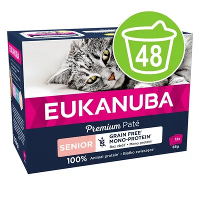 Кутия Eukanuba Premium Paté за котки, Senior, 100% Animal protein, Grain Free, Mono-Protein, 12x85 г. Зелен символ с кофа и числото 48. Кутия Eukanuba Premium Paté за котки, Senior, 100% Animal protein, Grain Free, Mono-Protein, 12x85 г. Зелен символ с кофа и числото 48.