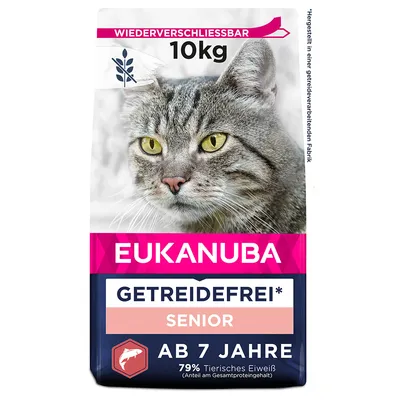 Eukanuba bez žitarica hrana za starije mačke, ponovno zatvoriva, 10 kg, od 7 godina, 79% životinjskih proteina. Proizvedeno u tvornici koja obrađuje žitarice.