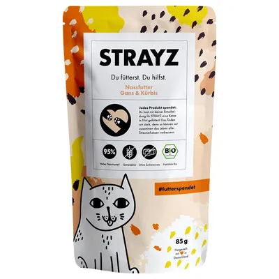 STRAYZ Nassfutter Gans & Kürbis, 95 % viande, sans céréales, sans sucre ajouté, bio, 85 g. Texte en allemand : chaque achat soutient les chats errants. #futterspendet