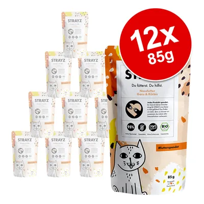 Lot de 12 sachets STRAYZ 85 g, Nassfutter Gans & Kürbis, 95 % Fleischanteil, sans céréales ni sucres ajoutés, certifié bio. Texte en allemand sur l’emballage.