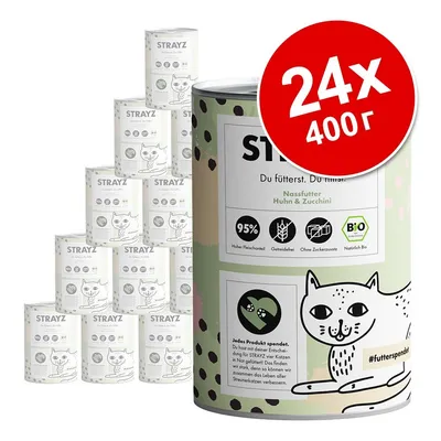 STRAYZ консервирана храна за котки, 24×400 г. Видими икони: 95% месо, без зърнени, без добавена захар, био сертификат. Изображение на котка върху опаковката. STRAYZ консервирана храна за котки, 24×400 г. Видими икони: 95% месо, без зърнени, без добавена захар, био сертификат. Изображение на котка върху опаковката.