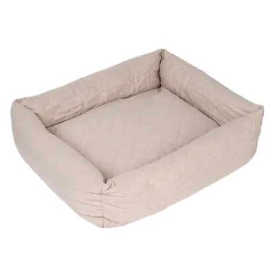 Panier rectangulaire matelassé pour animal, tissu beige à motif losange, bords épais et coussin intégré, sans marque visible ni éléments décoratifs.