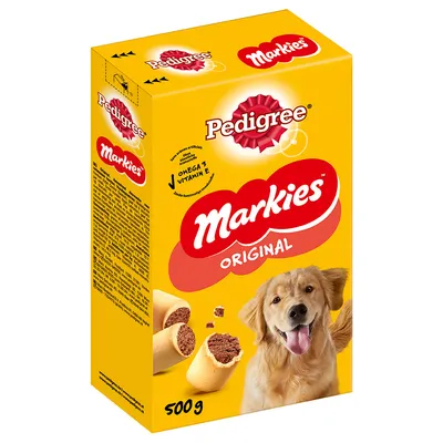 Boîte Pedigree Markies Original 500 g, texte visible : Oméga 3, Vitamine E, image de biscuits fourrés et d’un chien. Marque et nom du produit bien lisibles.