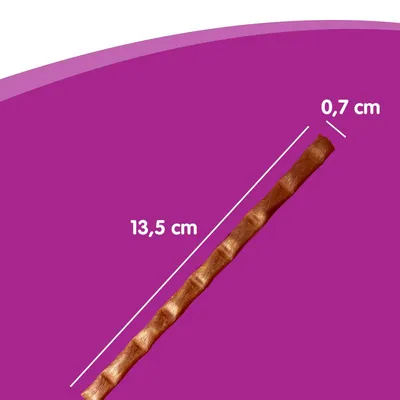 Produktabbildung eines braunen Sticks mit den Massen 13,5 cm Länge und 0,7 cm Durchmesser auf violettem Hintergrund.