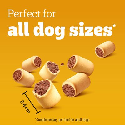 Perfect for dogs of all sizes. Snacks shown, diameter 2.4 cm. Note: Complementary feed for adult dogs.