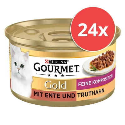 Purina Gourmet Gold Composición fina con pato y pavo, 24x lata. Imagen del producto y comida servida.
