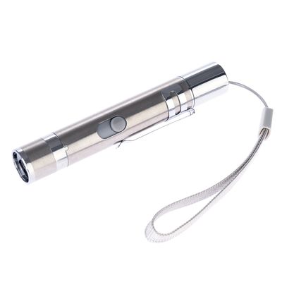 Srebrny wskaźnik laserowy z paskiem na rękę i klipsem, odpowiedni do interaktywnej zabawy.