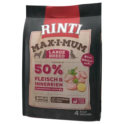Rinti Max-i-mum Large Breed, 50 % Fleisch & Innereien, Monoprotein Huhn, без зерна, с 50 % овощей, для крупных собак от 25 кг, упаковка 4 кг. Видны кусочки курицы и овощи.