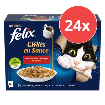 Purina Felix Effilés en Sauce, Sélection de la Campagne, 24x Portionen, ohne Farbstoffe. Sorten: Rind, Huhn, Lamm, Ente.
