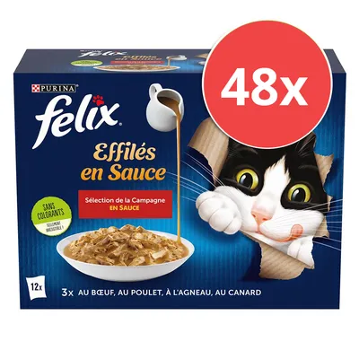 Purina Felix Effilés en Sauce, Auswahl der Landküche, ohne Farbstoffe, 48x Portionen mit Rind, Huhn, Lamm und Ente.