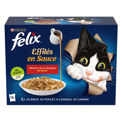 Purina Felix Effilés en Sauce, селекция Campagne в сос, без оцветители. 12 порции: 3x говеждо, пиле, агнешко, патица.