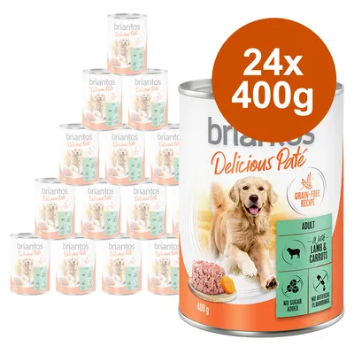 24 lattine da 400 g di Briantos Delicious Paté, ricetta grain-free con agnello e carote per adulti, senza zuccheri aggiunti né aromi artificiali. Testo visibile: '24x400g'.