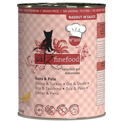 Blik catz finefood N°603 Ragout in Sauce, Gans & Pute. Tekst: natuurlijk goed, mmmmiau, graanvrij, geen dierproeven, geen toegevoegde suiker. Inhoudsopgave en keurmerken zichtbaar.