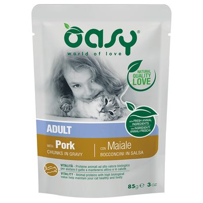 Oasy Adult Bocconcini in Salsa Buste 24 x 85 g umido gatto con Maiale