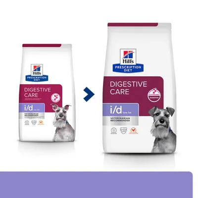 Hill's Prescription Diet Digestive Care i/d alacsony zsírtartalmú, állatorvosok által ajánlott. Két csomagolási dizájn összehasonlítása kutyás képpel és emésztést jelző szimbólummal.