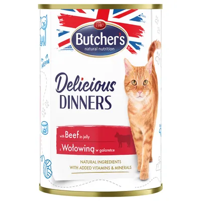 Butcher's Delicious Dinners with beef in jelly. Natural ingredients with added vitamins and minerals.
