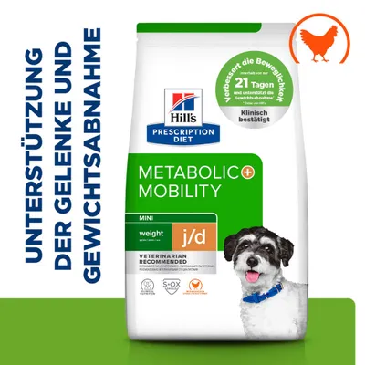 Hill's Prescription Diet Metabolic + Mobility Mini, soutient les articulations et la perte de poids, améliore la mobilité en 21 jours, cliniquement prouvé, au poulet.