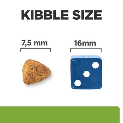 Comparison of kibble size: Kibble with a diameter of 7.5 mm next to a cube with a side length of 16 mm.