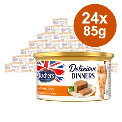 Lot de 24 boîtes Butcher's Delicious Dinners 85g, visuel avec chat et plat de pâtée, mention Chicken & Turkey sur l’étiquette.