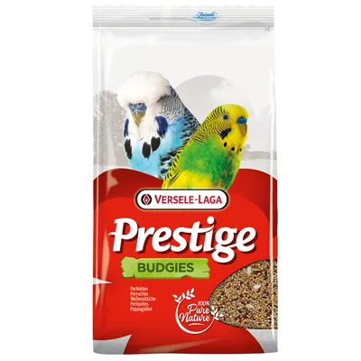 Versele-Laga Prestige Budgies, Futter für Wellensittiche, 100% Pure Nature, Verpackung mit zwei Wellensittichen und sichtbarem Körnerfutter.