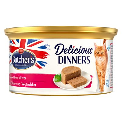 Lot Butcher's Delicious Dinners 48 x 85 g pour chat bœuf, foie