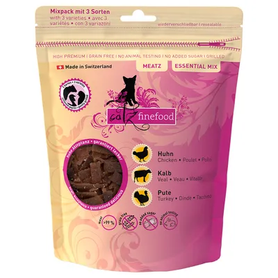 Catz Finefood микс пакет с 3 вида: пиле, телешко, пуешко. Произведено в Швейцария, без зърнени храни, без добавена захар, без тестове върху животни, с повторно затваряне.